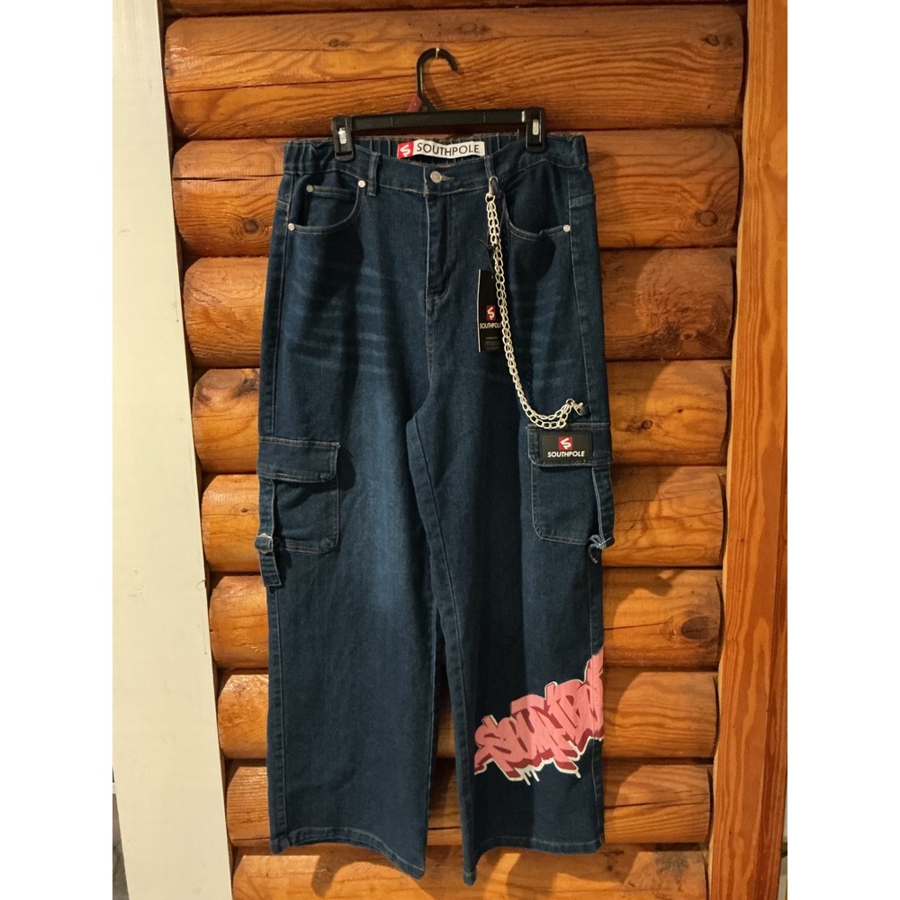 Southpole Womens Wide Leg Cargo Jeans Dark Wash Pink Graffiti Logo Chain 16W NEW
